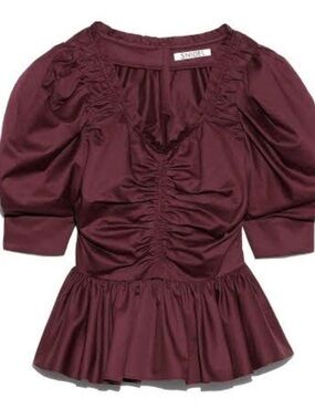 SNIDEL Burgundy Ruched Peplum Women's Top PUFF SLEEVES, ONE SIZE